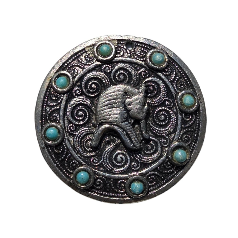 Vintage 1985 Egyptian Revival Headdress Pendant Turquoise Accents Embossed Metal